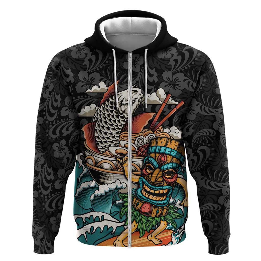 Personalized Japanese Koi Fish Ramen Hoodie Tiki Surfing Wagara Hibiscus Pattern LT9 Zip Hoodie Black - Polynesian Pride