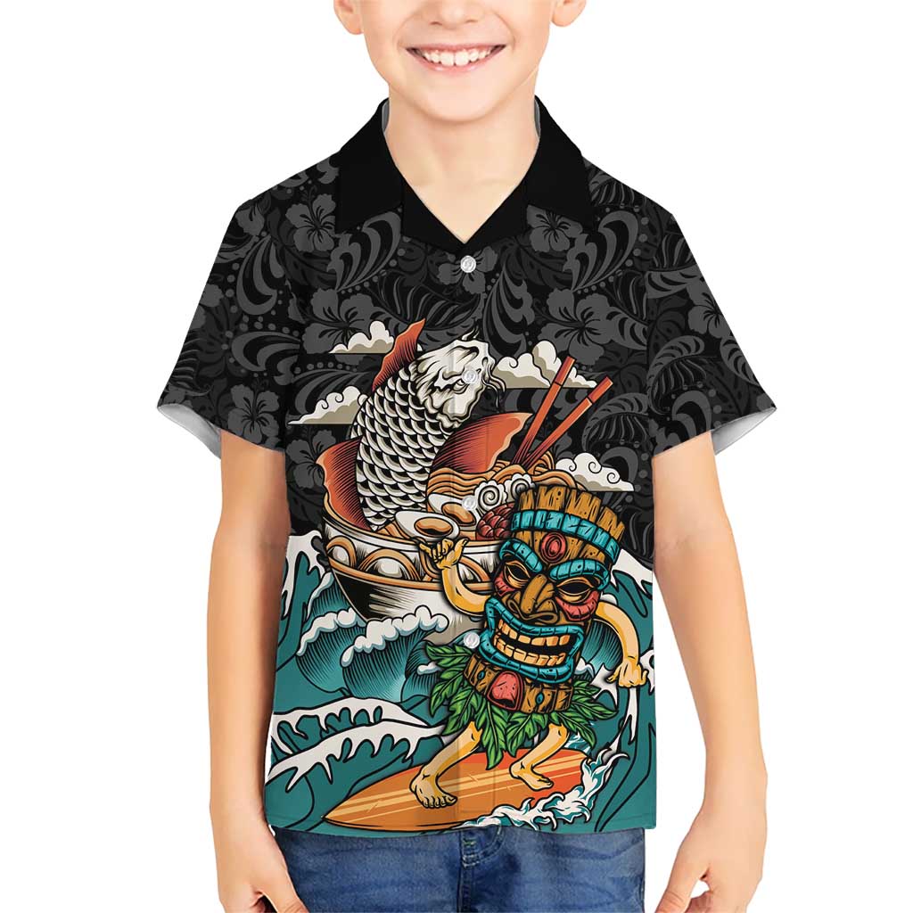 Personalized Japanese Koi Fish Ramen Kid Hawaiian Shirt Tiki Surfing Wagara Hibiscus Pattern LT9 Kid Black - Polynesian Pride