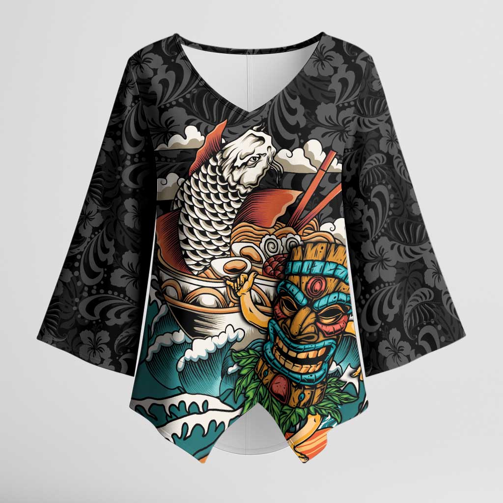Personalized Japanese Koi Fish Ramen Kimono Sleeve Blouse Tiki Surfing Wagara Hibiscus Pattern LT9 Female Black - Polynesian Pride
