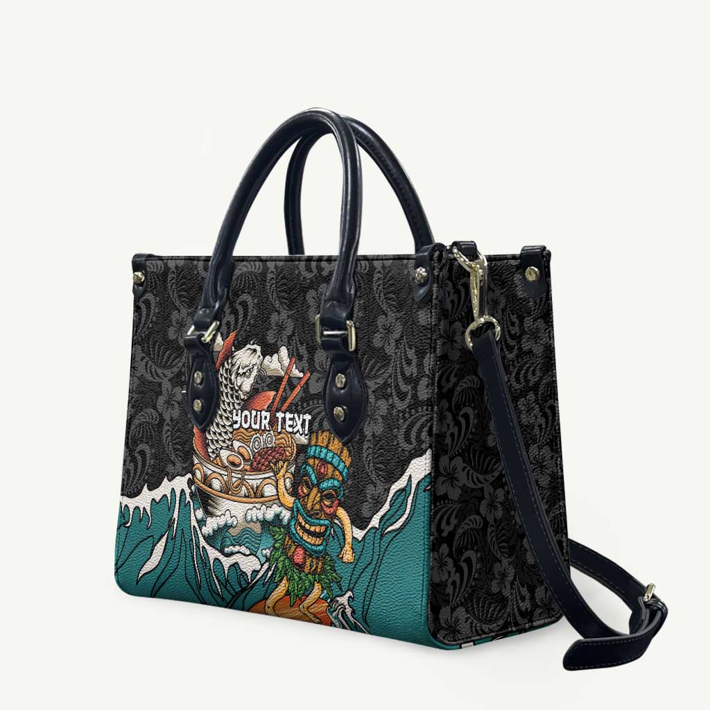Personalized Japanese Koi Fish Ramen Leather Bag Tiki Surfing Wagara Hibiscus Pattern