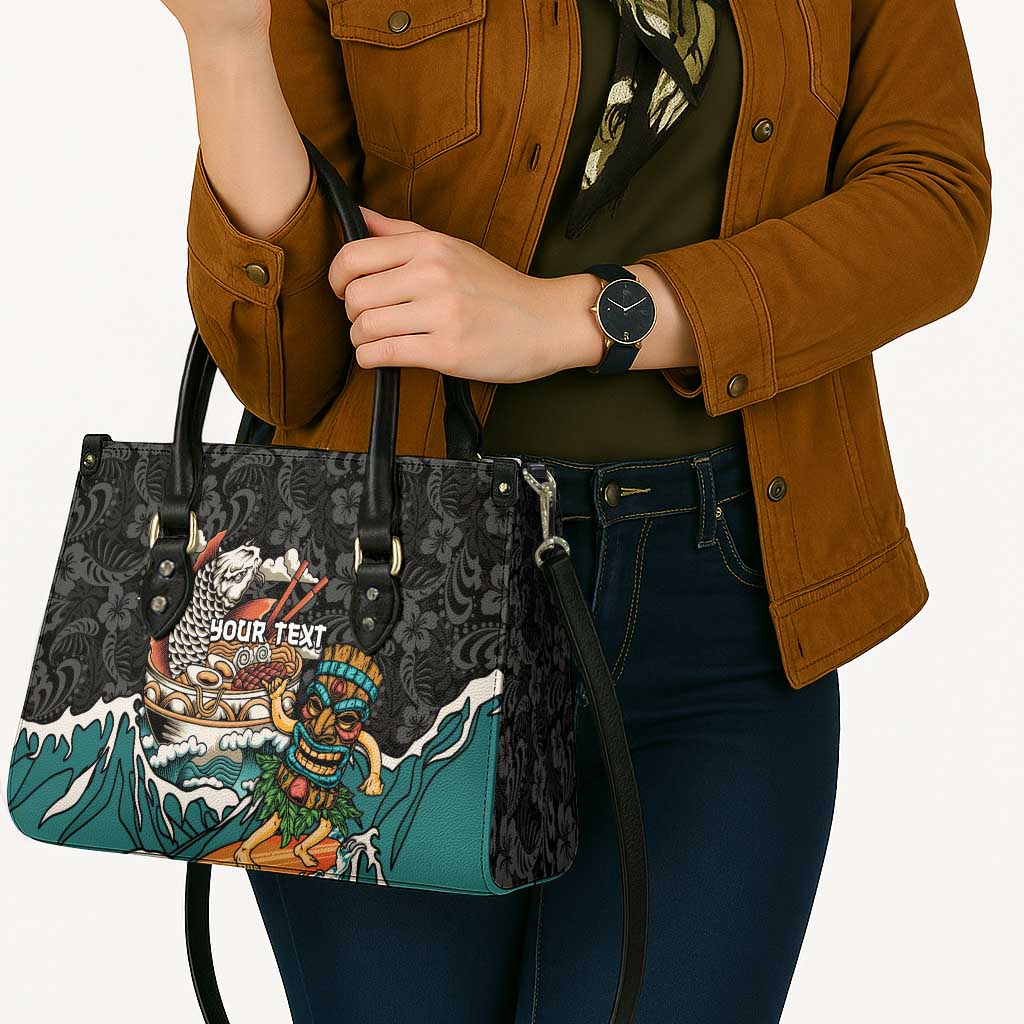 Personalized Japanese Koi Fish Ramen Leather Bag Tiki Surfing Wagara Hibiscus Pattern
