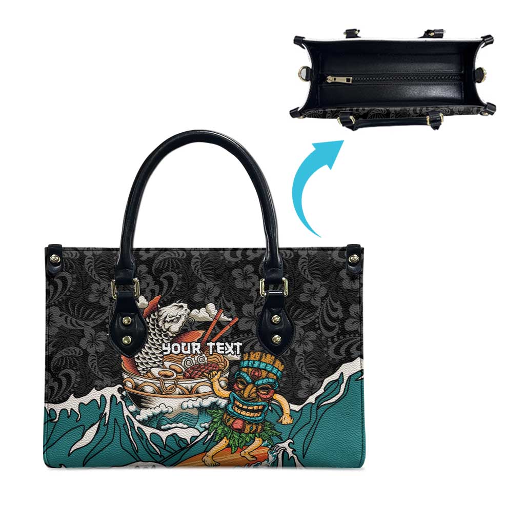 Personalized Japanese Koi Fish Ramen Leather Bag Tiki Surfing Wagara Hibiscus Pattern