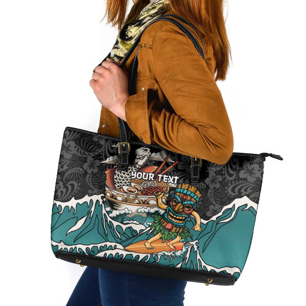 Personalized Japanese Koi Fish Ramen Leather Tote Bag Tiki Surfing Wagara Hibiscus Pattern