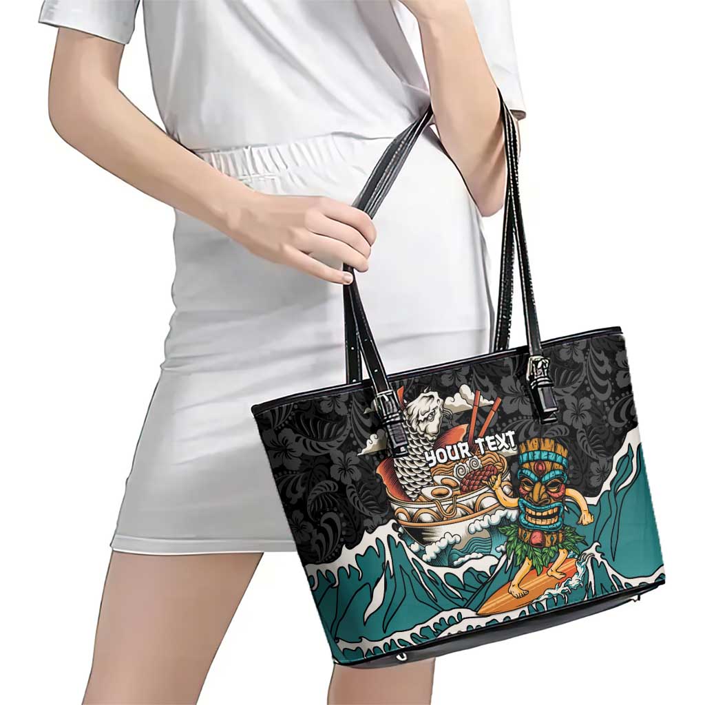 Personalized Japanese Koi Fish Ramen Leather Tote Bag Tiki Surfing Wagara Hibiscus Pattern