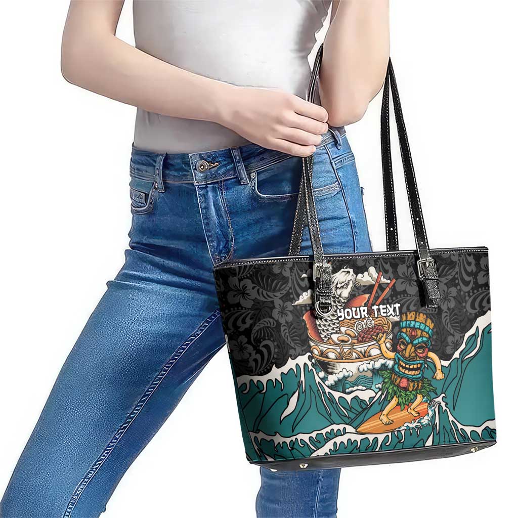 Personalized Japanese Koi Fish Ramen Leather Tote Bag Tiki Surfing Wagara Hibiscus Pattern