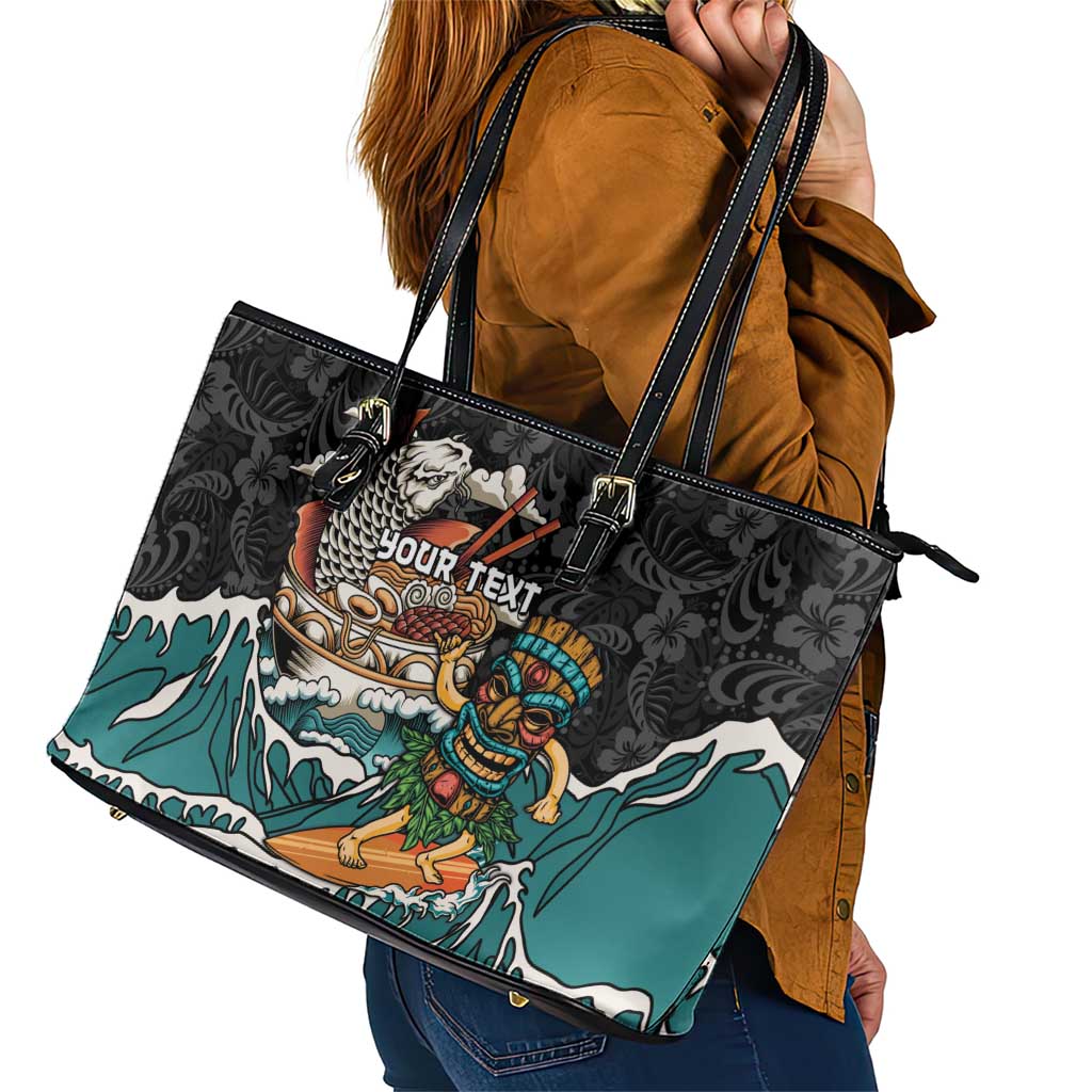 Personalized Japanese Koi Fish Ramen Leather Tote Bag Tiki Surfing Wagara Hibiscus Pattern