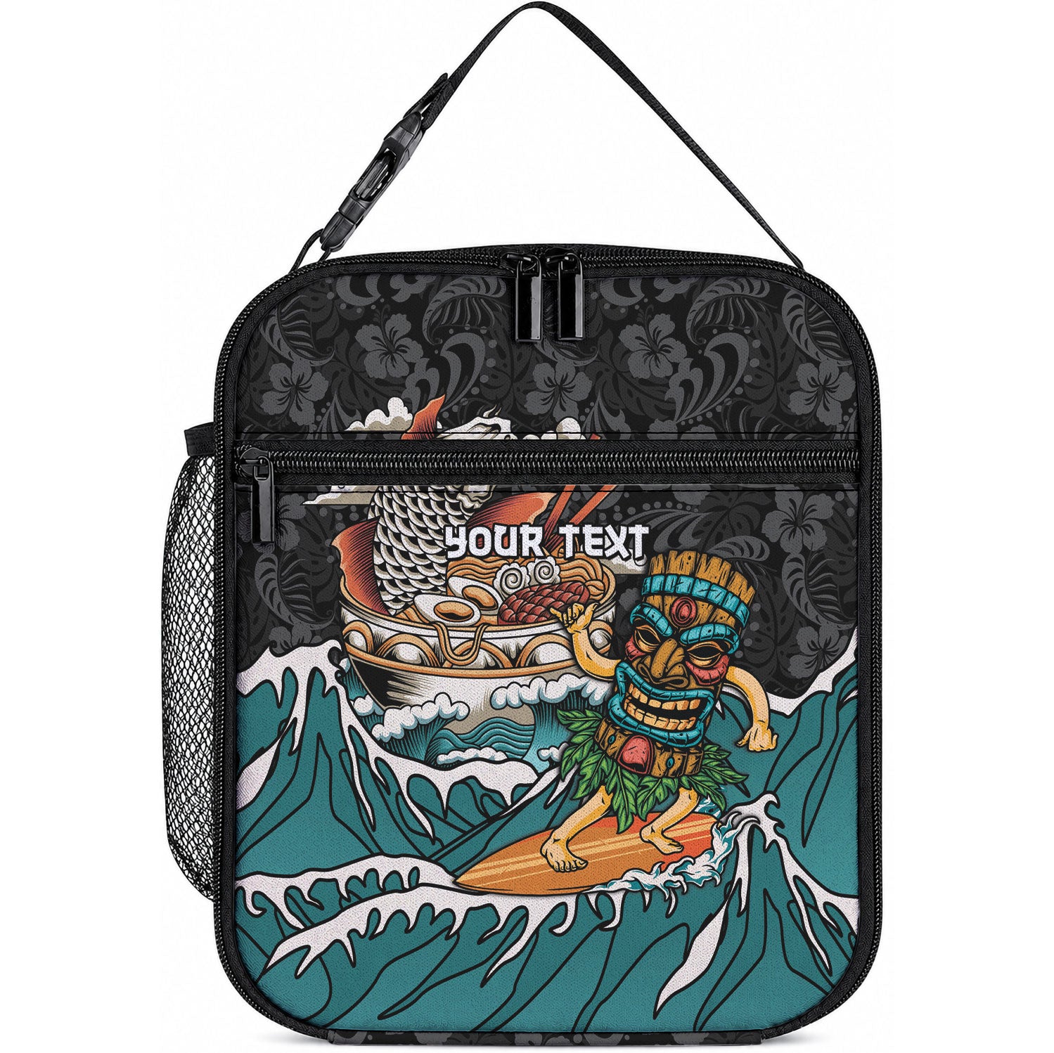 Personalized Japanese Koi Fish Ramen Lunch Bag Tiki Surfing Wagara Hibiscus Pattern LT9 10.2 × 8.3 × 4.3 inch Black - Polynesian Pride