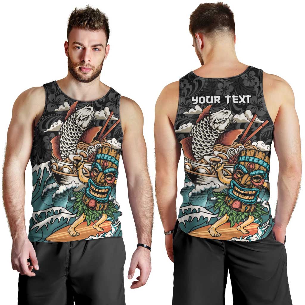 Personalized Japanese Koi Fish Ramen Men Tank Top Tiki Surfing Wagara Hibiscus Pattern