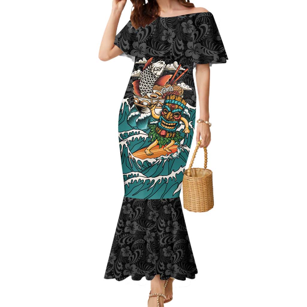 Personalized Japanese Koi Fish Ramen Mermaid Dress Tiki Surfing Wagara Hibiscus Pattern LT9 Women Black - Polynesian Pride