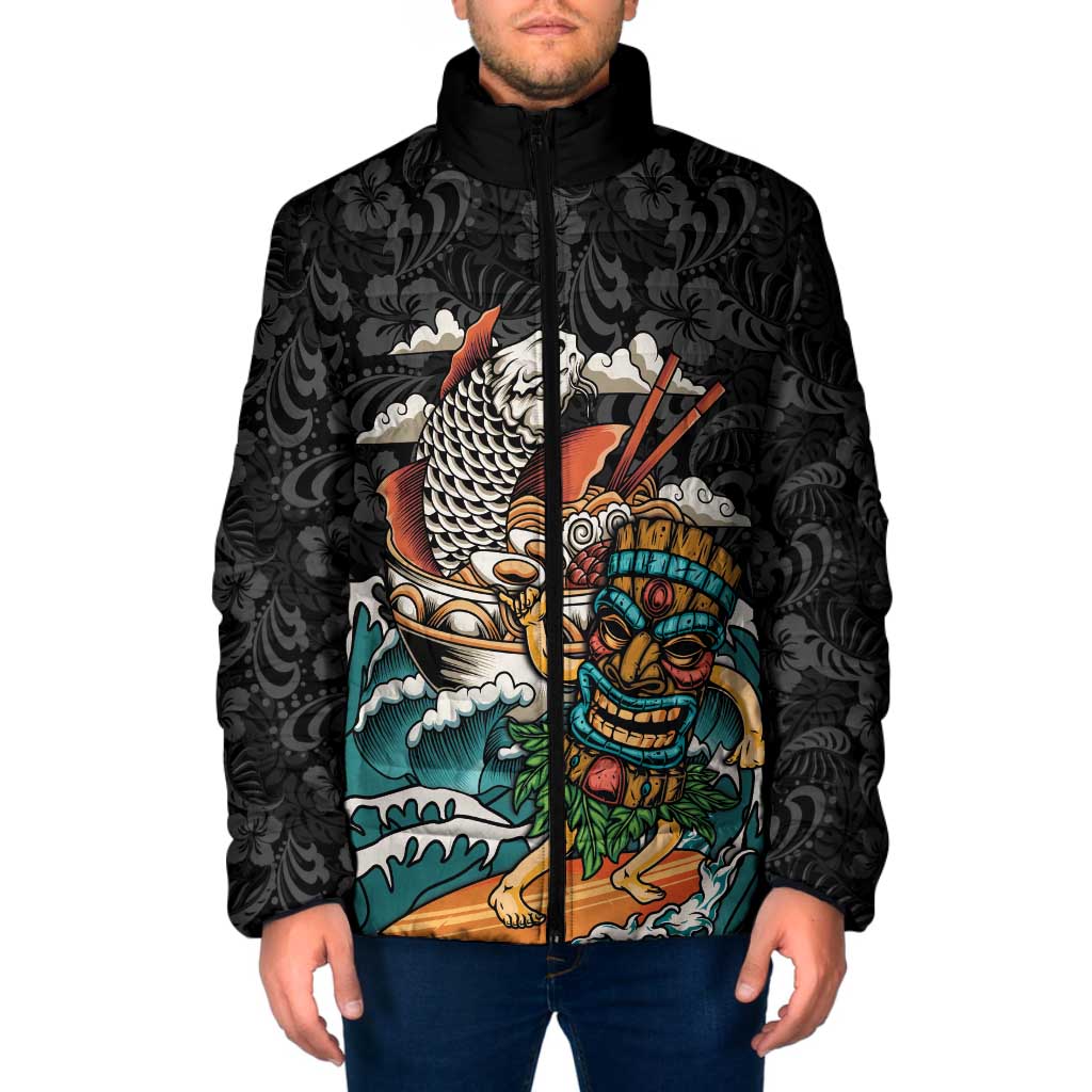 Personalized Japanese Koi Fish Ramen Padded Jacket Tiki Surfing Wagara Hibiscus Pattern