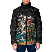 Personalized Japanese Koi Fish Ramen Padded Jacket Tiki Surfing Wagara Hibiscus Pattern
