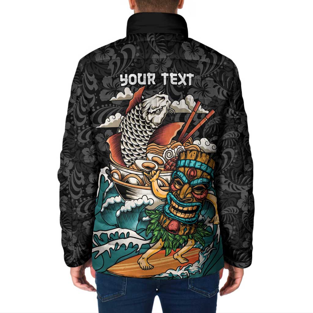 Personalized Japanese Koi Fish Ramen Padded Jacket Tiki Surfing Wagara Hibiscus Pattern