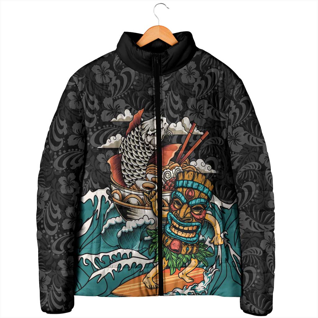 Personalized Japanese Koi Fish Ramen Padded Jacket Tiki Surfing Wagara Hibiscus Pattern