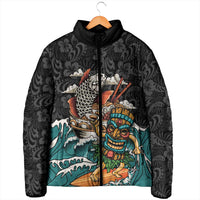 Personalized Japanese Koi Fish Ramen Padded Jacket Tiki Surfing Wagara Hibiscus Pattern