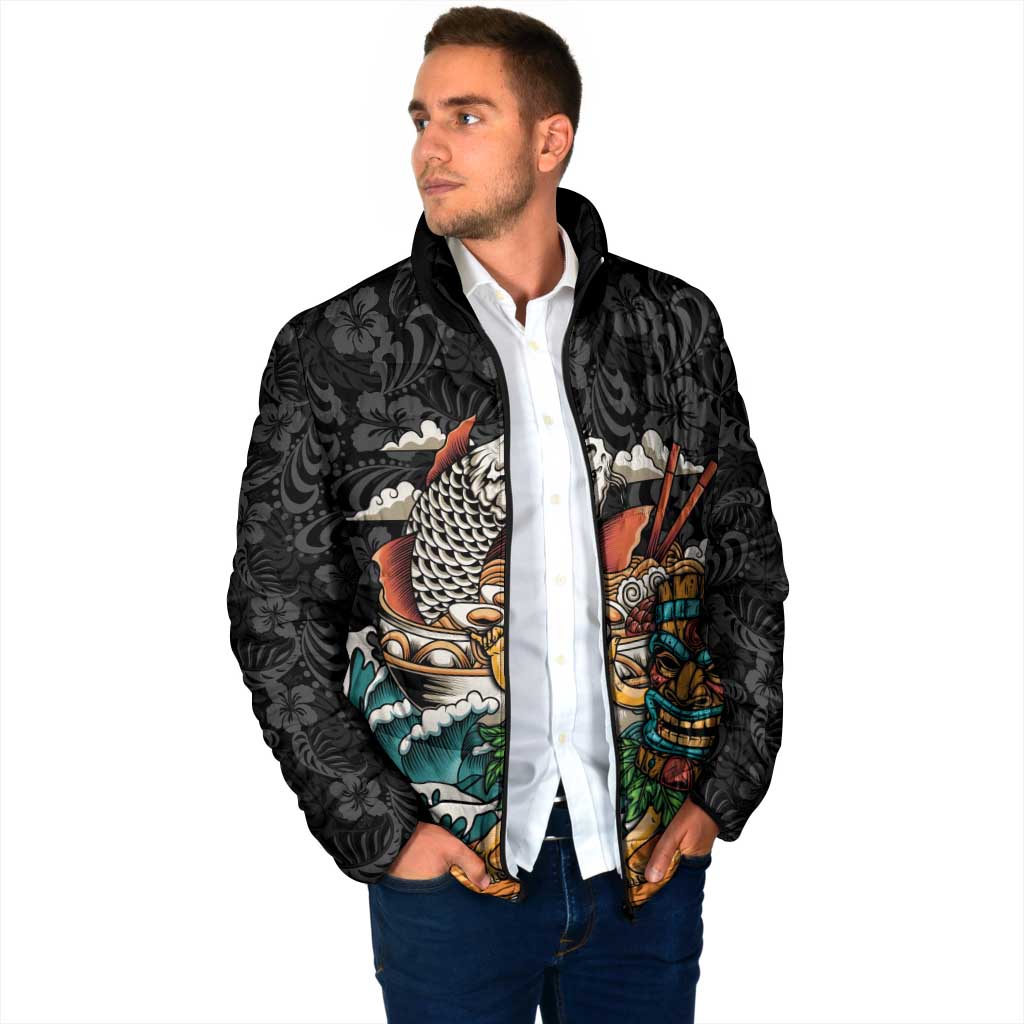 Personalized Japanese Koi Fish Ramen Padded Jacket Tiki Surfing Wagara Hibiscus Pattern