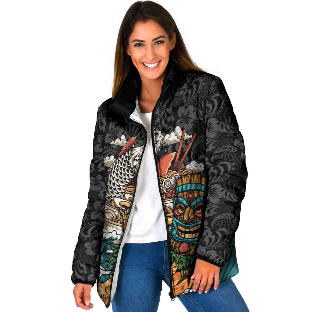 Personalized Japanese Koi Fish Ramen Padded Jacket Tiki Surfing Wagara Hibiscus Pattern