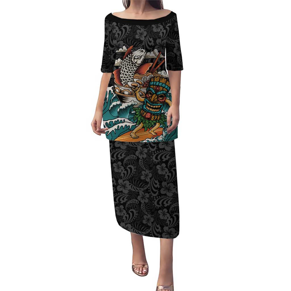 Personalized Japanese Koi Fish Ramen Puletasi Tiki Surfing Wagara Hibiscus Pattern LT9 Long Dress Black - Polynesian Pride