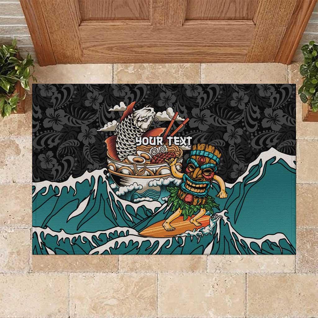 Personalized Japanese Koi Fish Ramen Rubber Doormat Tiki Surfing Wagara Hibiscus Pattern LT9 Black - Polynesian Pride