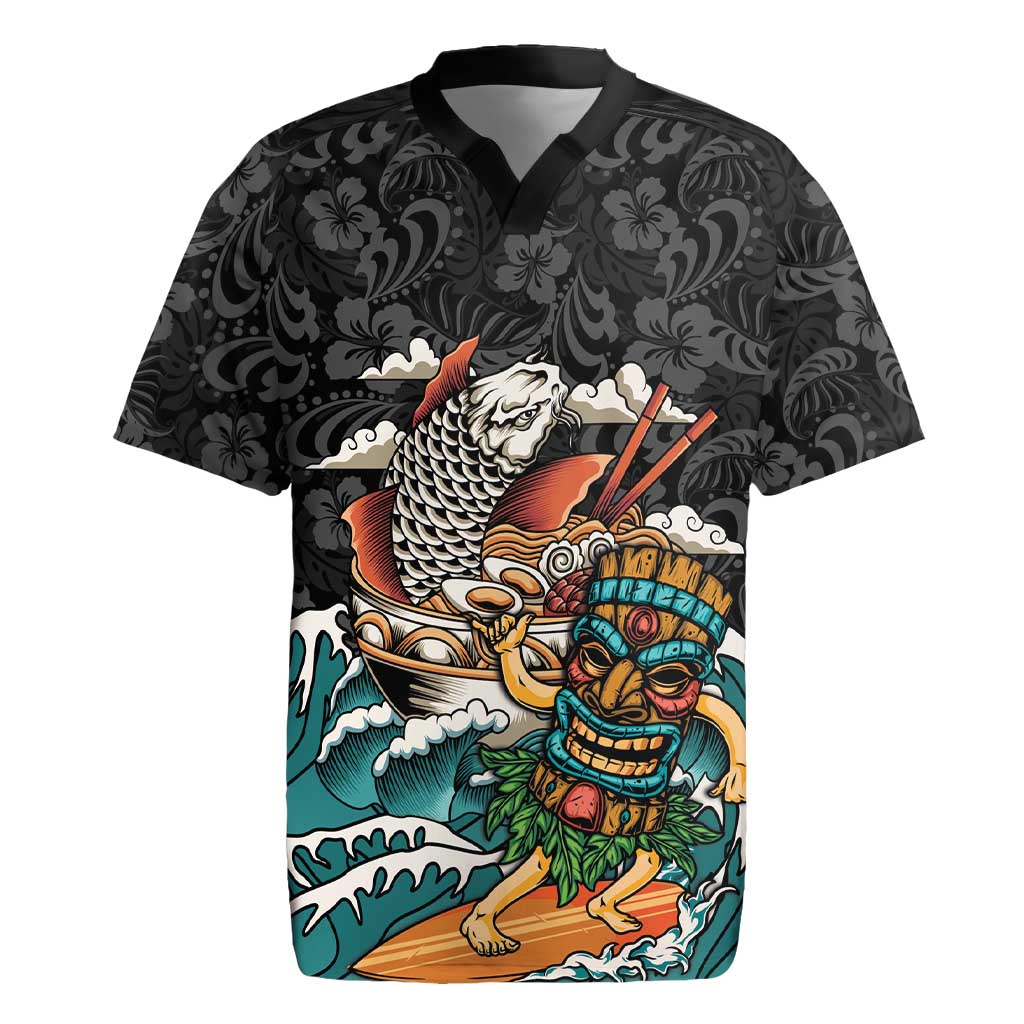 Personalized Japanese Koi Fish Ramen Rugby Jersey Tiki Surfing Wagara Hibiscus Pattern LT9 Black - Polynesian Pride