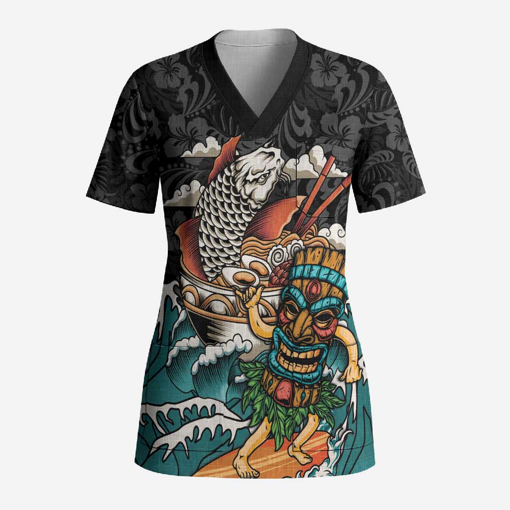 Personalized Japanese Koi Fish Ramen Scrub Top Tiki Surfing Wagara Hibiscus Pattern LT9 Adult Black - Polynesian Pride