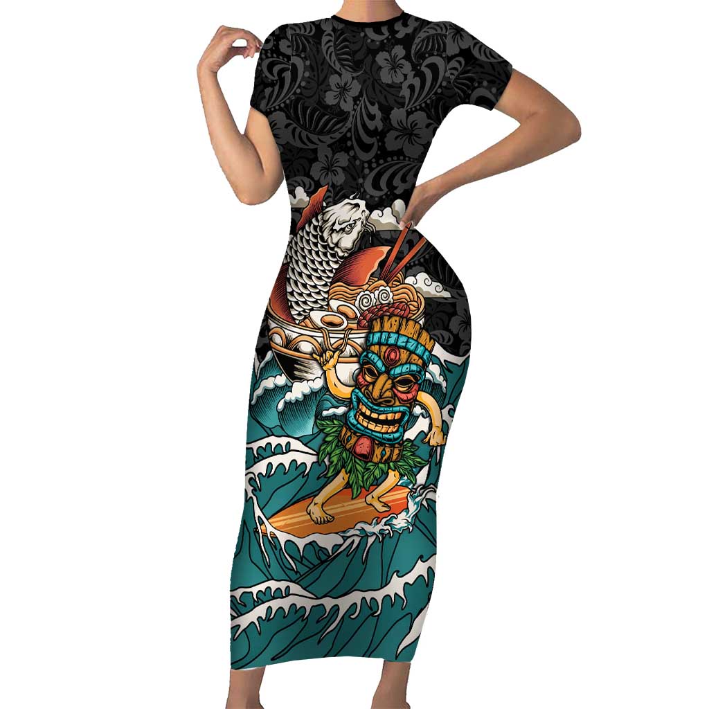 Personalized Japanese Koi Fish Ramen Short Sleeve Bodycon Dress Tiki Surfing Wagara Hibiscus Pattern LT9 Long Dress Black - Polynesian Pride