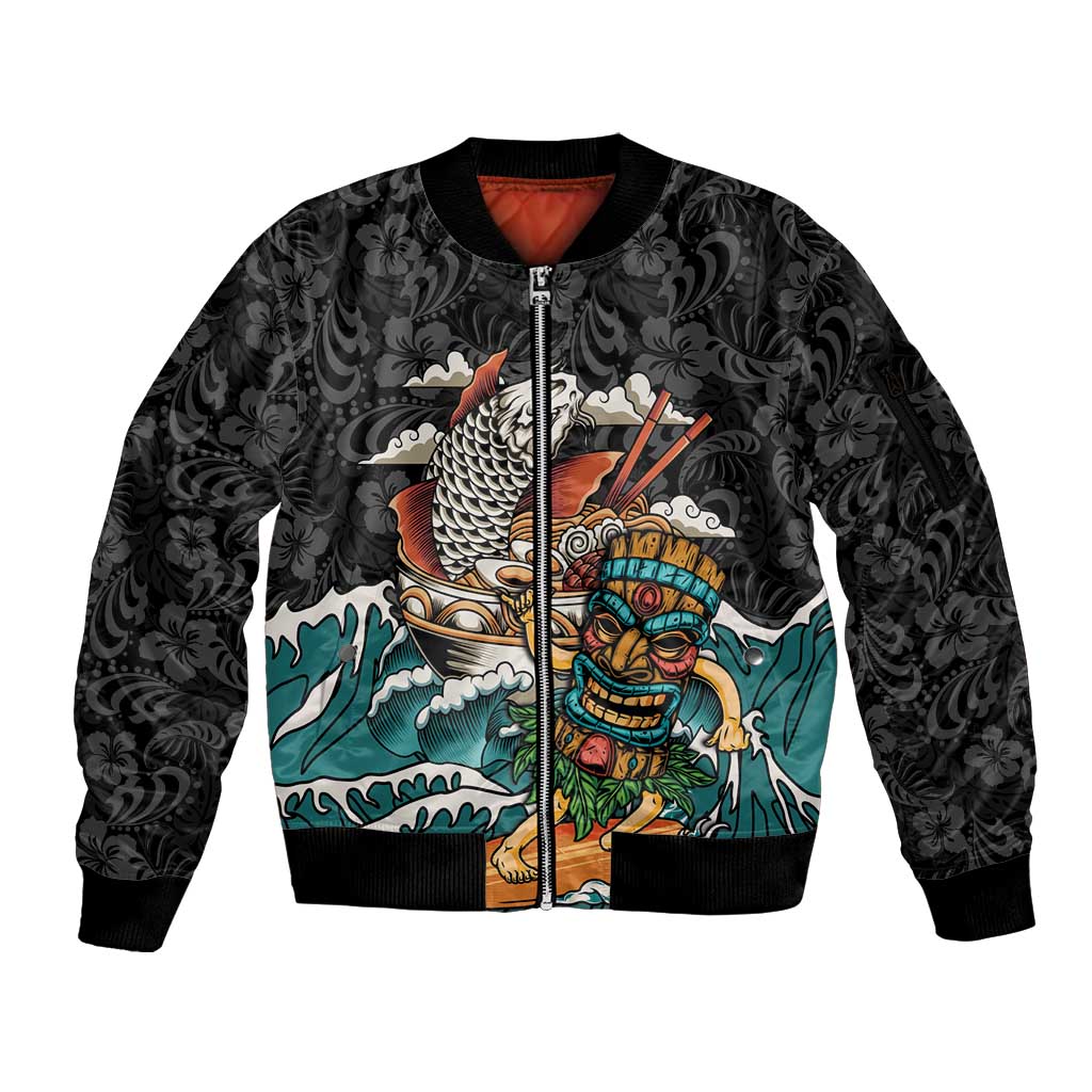 Personalized Japanese Koi Fish Ramen Sleeve Zip Bomber Jacket Tiki Surfing Wagara Hibiscus Pattern