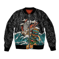 Personalized Japanese Koi Fish Ramen Sleeve Zip Bomber Jacket Tiki Surfing Wagara Hibiscus Pattern