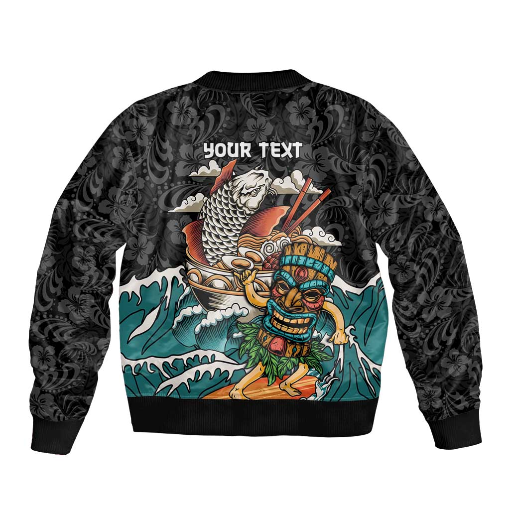 Personalized Japanese Koi Fish Ramen Sleeve Zip Bomber Jacket Tiki Surfing Wagara Hibiscus Pattern