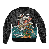 Personalized Japanese Koi Fish Ramen Sleeve Zip Bomber Jacket Tiki Surfing Wagara Hibiscus Pattern