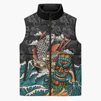 Personalized Japanese Koi Fish Ramen Sleeveless Puffer Jacket Tiki Surfing Wagara Hibiscus Pattern