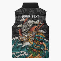 Personalized Japanese Koi Fish Ramen Sleeveless Puffer Jacket Tiki Surfing Wagara Hibiscus Pattern