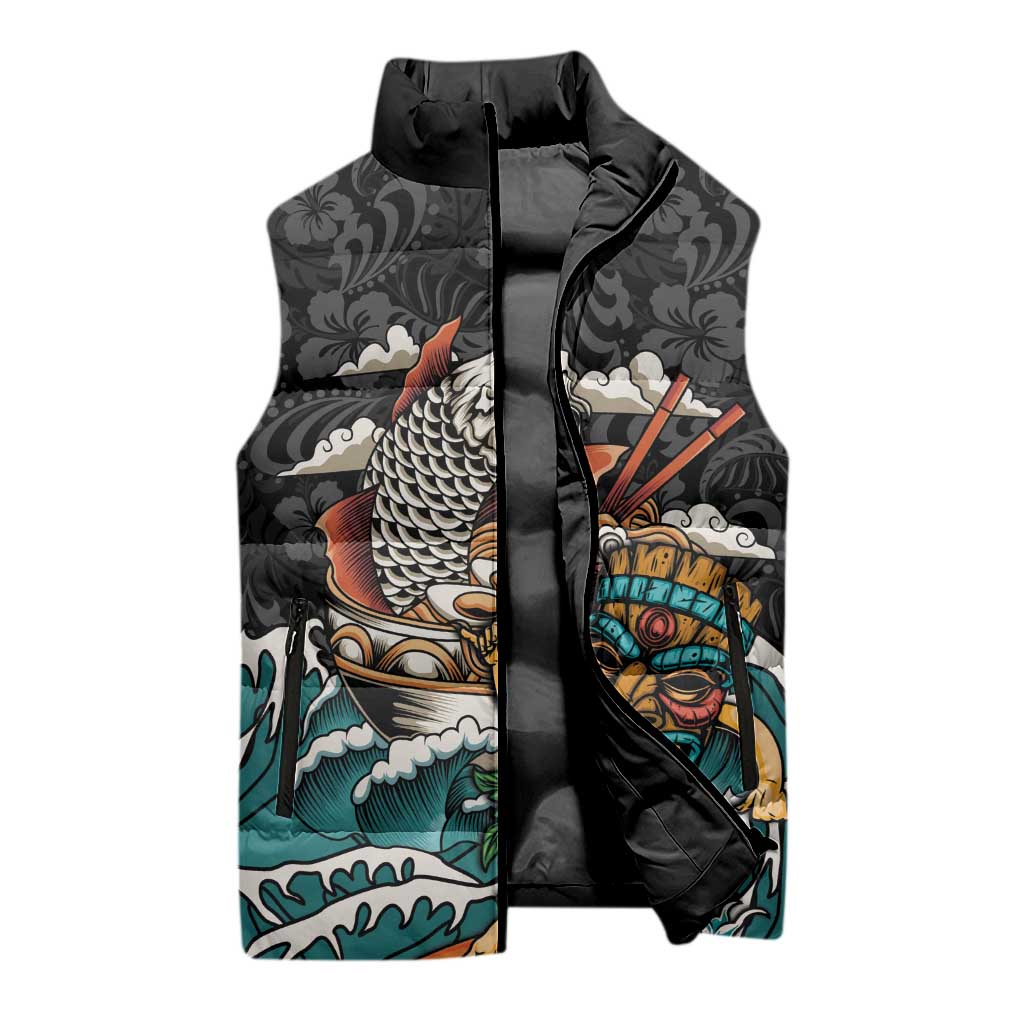 Personalized Japanese Koi Fish Ramen Sleeveless Puffer Jacket Tiki Surfing Wagara Hibiscus Pattern