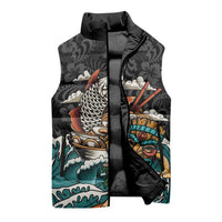 Personalized Japanese Koi Fish Ramen Sleeveless Puffer Jacket Tiki Surfing Wagara Hibiscus Pattern