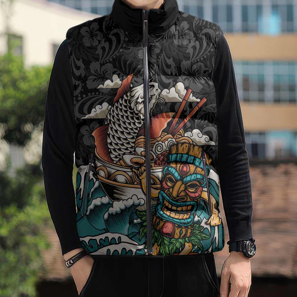 Personalized Japanese Koi Fish Ramen Sleeveless Puffer Jacket Tiki Surfing Wagara Hibiscus Pattern