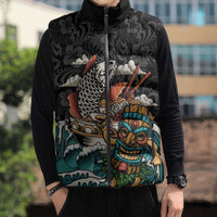 Personalized Japanese Koi Fish Ramen Sleeveless Puffer Jacket Tiki Surfing Wagara Hibiscus Pattern
