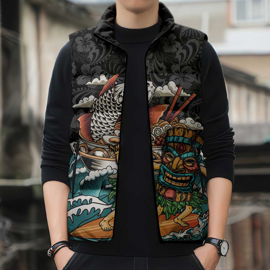 Personalized Japanese Koi Fish Ramen Sleeveless Puffer Jacket Tiki Surfing Wagara Hibiscus Pattern