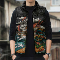Personalized Japanese Koi Fish Ramen Sleeveless Puffer Jacket Tiki Surfing Wagara Hibiscus Pattern