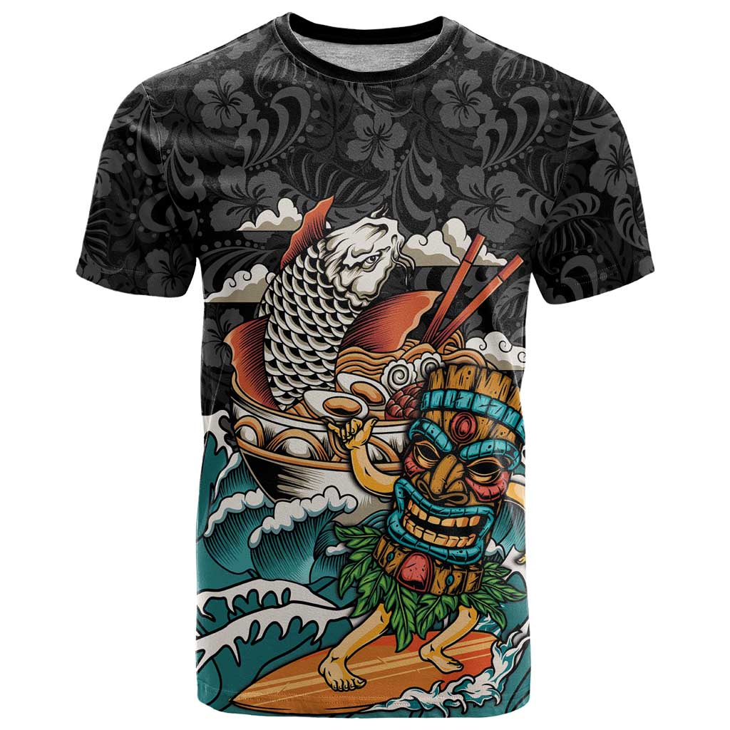 Personalized Japanese Koi Fish Ramen T Shirt Tiki Surfing Wagara Hibiscus Pattern