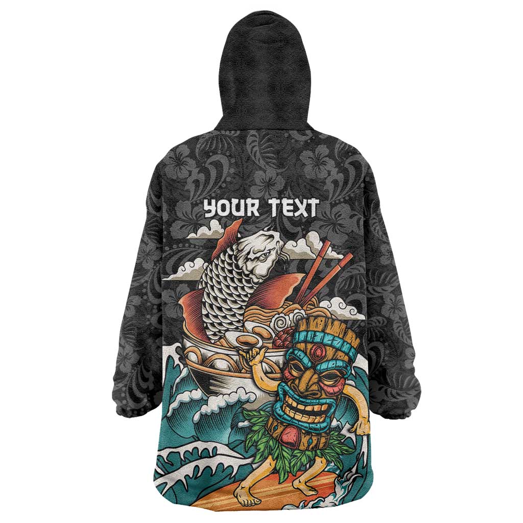Personalized Japanese Koi Fish Ramen Wearable Blanket Hoodie Tiki Surfing Wagara Hibiscus Pattern