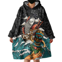 Personalized Japanese Koi Fish Ramen Wearable Blanket Hoodie Tiki Surfing Wagara Hibiscus Pattern