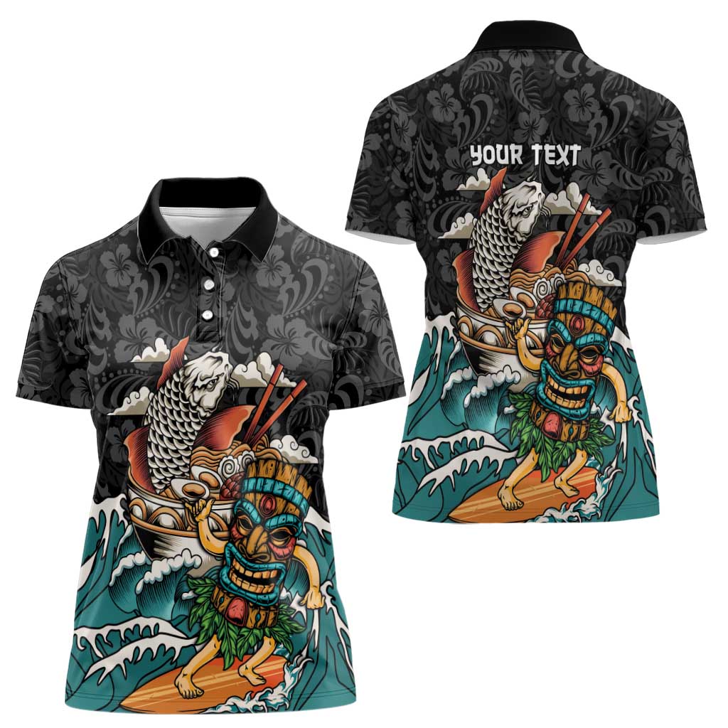 Personalized Japanese Koi Fish Ramen Women Polo Shirt Tiki Surfing Wagara Hibiscus Pattern
