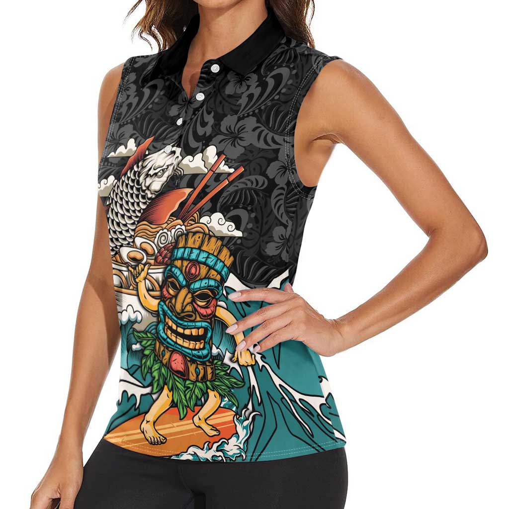 Personalized Japanese Koi Fish Ramen Women Sleeveless Polo Shirt Tiki Surfing Wagara Hibiscus Pattern