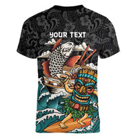Personalized Japanese Koi Fish Ramen Women V-Neck T-Shirt Tiki Surfing Wagara Hibiscus Pattern