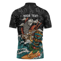 Personalized Japanese Koi Fish Ramen Zipper Polo Shirt Tiki Surfing Wagara Hibiscus Pattern