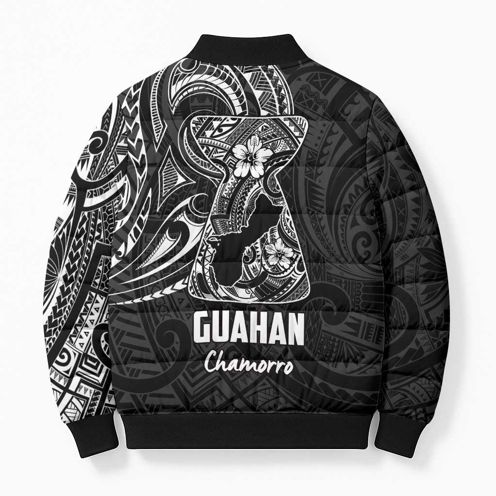 Black Guam Latte Stone Tribal Tattoo Bomber Puffer Jacket Hafa Adai Six 7 One - Polynesian Pride