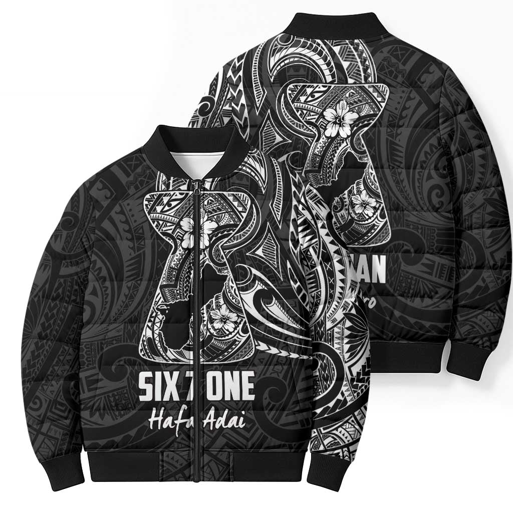 Black Guam Latte Stone Tribal Tattoo Bomber Puffer Jacket Hafa Adai Six 7 One - Polynesian Pride