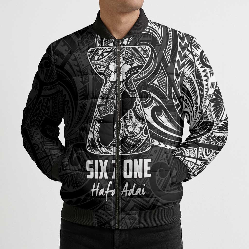 Black Guam Latte Stone Tribal Tattoo Bomber Puffer Jacket Hafa Adai Six 7 One - Polynesian Pride