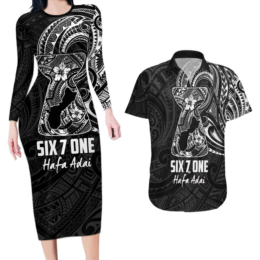 Black Guam Latte Stone Tribal Tattoo Couples Matching Long Sleeve Bodycon Dress and Hawaiian Shirt Hafa Adai Six 7 One
