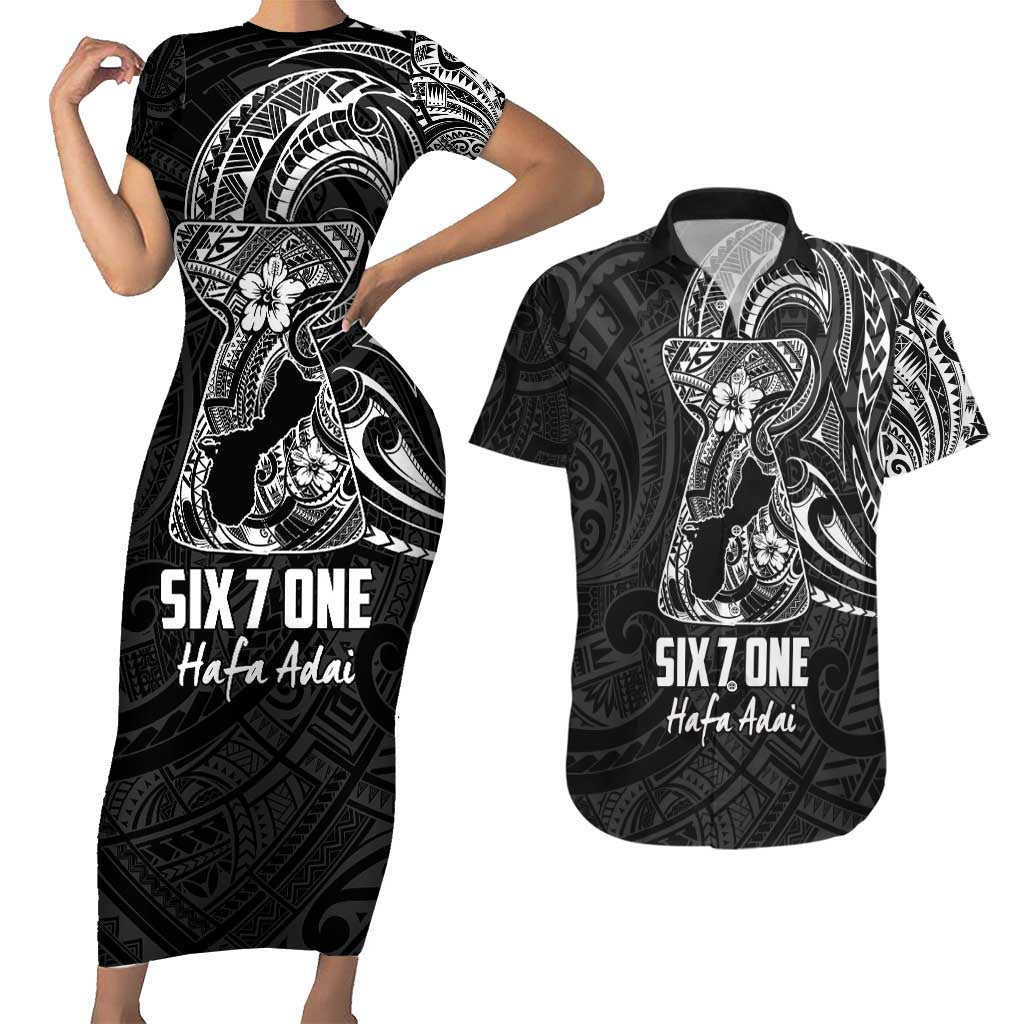 Black Guam Latte Stone Tribal Tattoo Couples Matching Short Sleeve Bodycon Dress and Hawaiian Shirt Hafa Adai Six 7 One