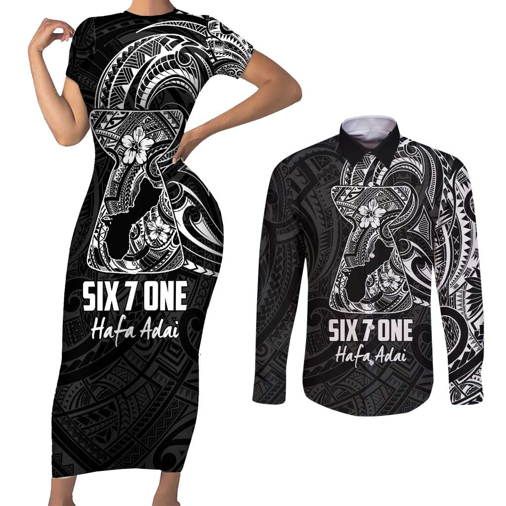 Black Guam Latte Stone Tribal Tattoo Couples Matching Short Sleeve Bodycon Dress and Long Sleeve Button Shirt Hafa Adai Six 7 One